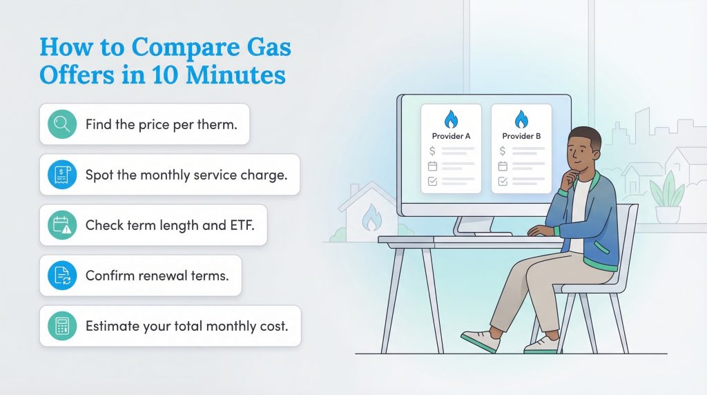 A man compares gas offers from Provider A and Provider B on a computer, using a five-step checklist.