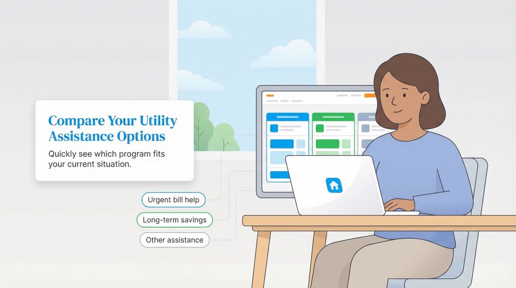 A person uses a laptop to compare utility assistance options like urgent help and long-term savings.