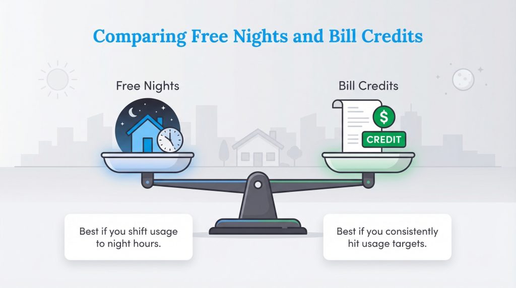 A scale compares 'Free Nights' and 'Bill Credits' electricity plans, with tips on their best use.