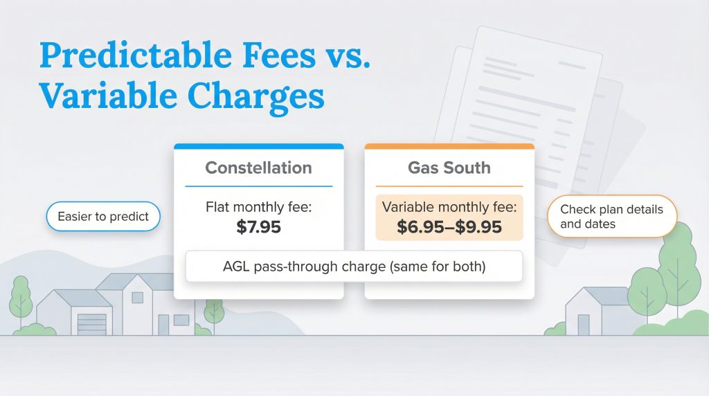 Infographic comparing Constellation's flat monthly fee of $7.95 to Gas South's variable fee of $6.95-$9.95. Both have the same AGL pass-through charge.