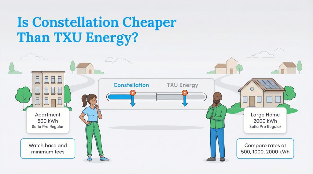 Illustration comparing Constellation and TXU Energy prices for an apartment and a large home.