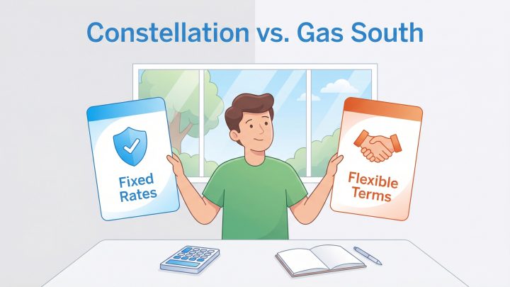 Graphic comparing Constellation's Fixed Rates and Gas South's Flexible Terms, held by a man.