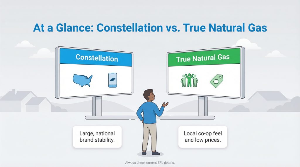 Comparison: Constellation offers national stability, while True Natural Gas offers local, low prices.