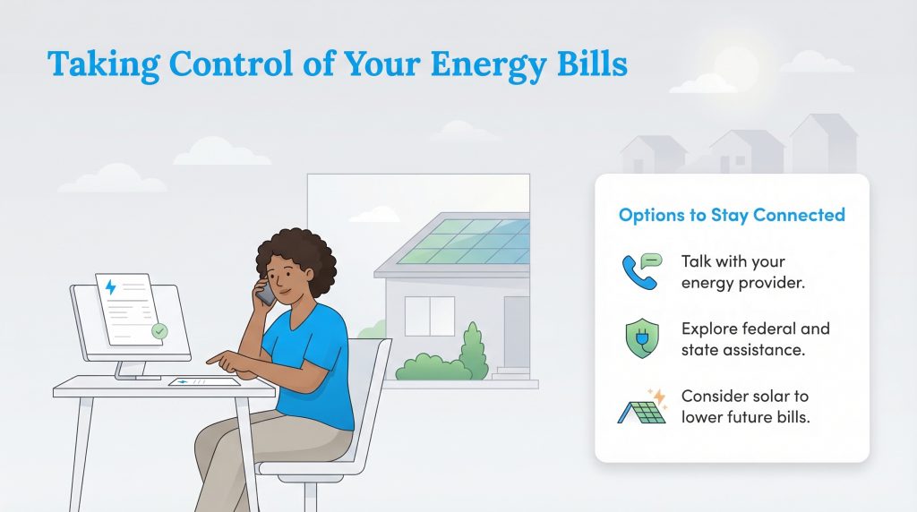 A woman on a phone at her desk, with a list of options for managing energy bills displayed.