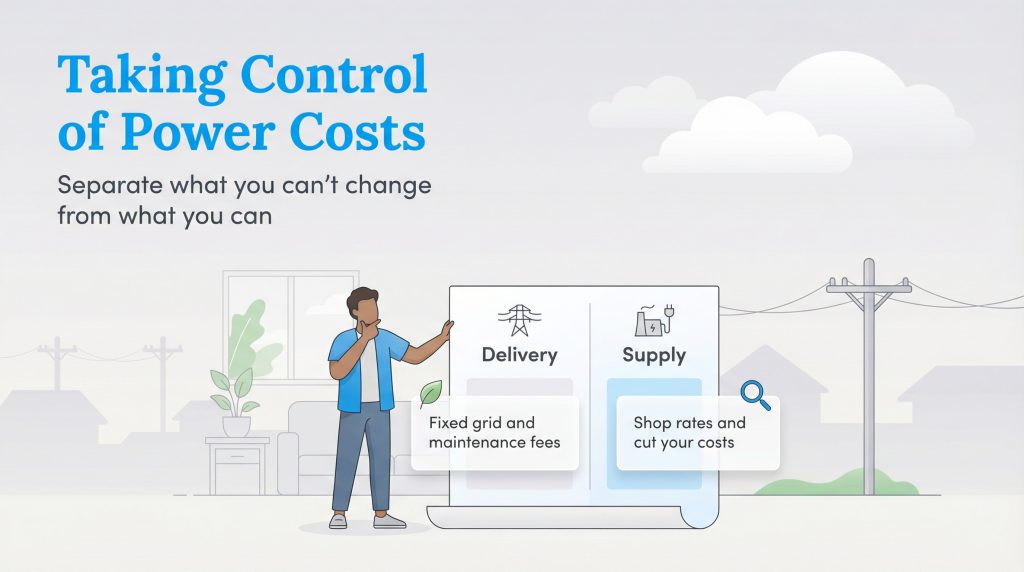 Man points to a chart showing fixed delivery fees and flexible supply rates for power costs.