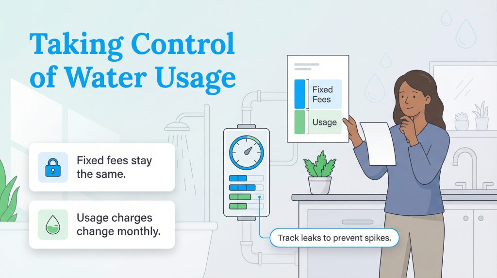 A woman reviews a water bill with 'Fixed Fees' and 'Usage' sections, next to a meter and leak tracking tip.
