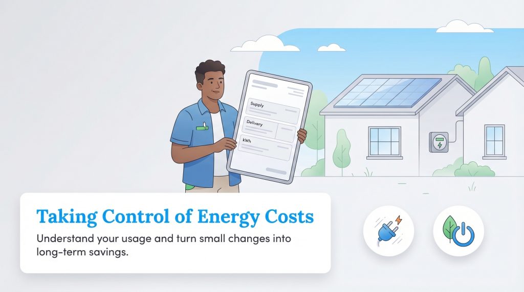 Man holds a tablet displaying an energy bill in front of a house with solar panels, next to text about saving energy.