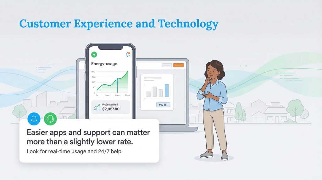 A woman, a phone showing energy usage, and a text box emphasizing easy apps and 24/7 support.