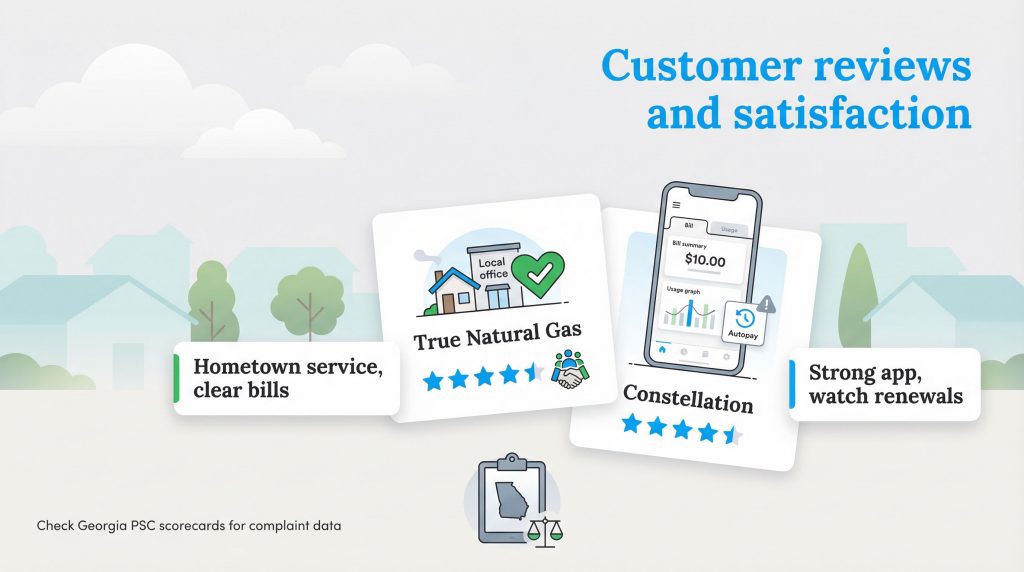 Infographic comparing True Natural Gas (4.5 stars, local service) and Constellation (3.5 stars, strong app) reviews.