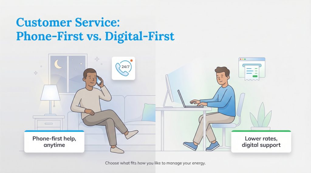 Illustration comparing Phone-First customer service at night with Digital-First support on a computer.