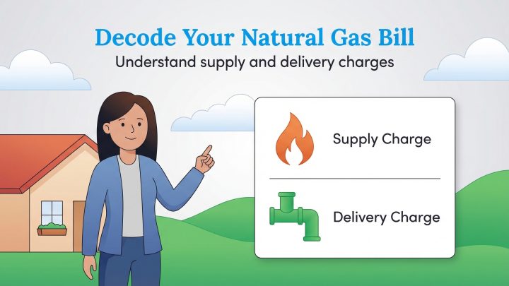 Woman points to a chart showing icons for Supply Charge and Delivery Charge on a natural gas bill.