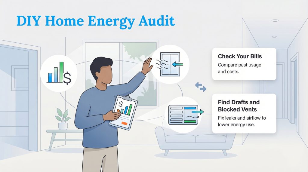 Illustration of a person with a clipboard performing a DIY home energy audit, showing steps to check bills and find drafts.