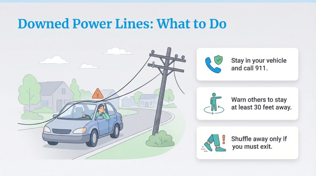 Illustration of a car with downed power lines and three safety tips: stay in car, warn others, shuffle if exiting.