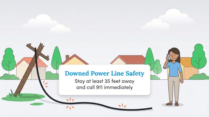 Illustration of a woman calling for help near a downed power line with safety instructions.
