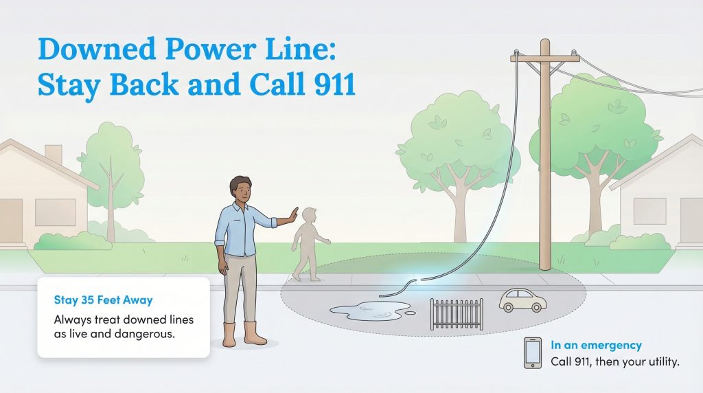 Infographic showing a person gesturing to stay back from a downed power line, with text to call 911 and stay 35 feet away.