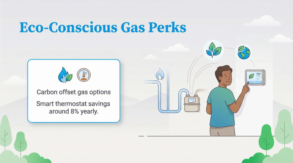 A graphic titled 'Eco-Conscious Gas Perks' shows a person with a smart thermostat and a text box detailing carbon offset options and smart thermostat savings.