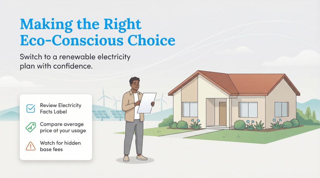 An illustration of a man holding a document outside a home with renewable energy sources, alongside a checklist for choosing an electricity plan.