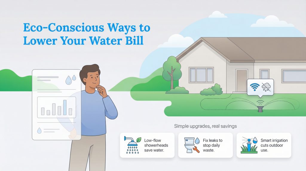 Man views water data panel with icons for showerheads, fixing leaks, and smart irrigation.