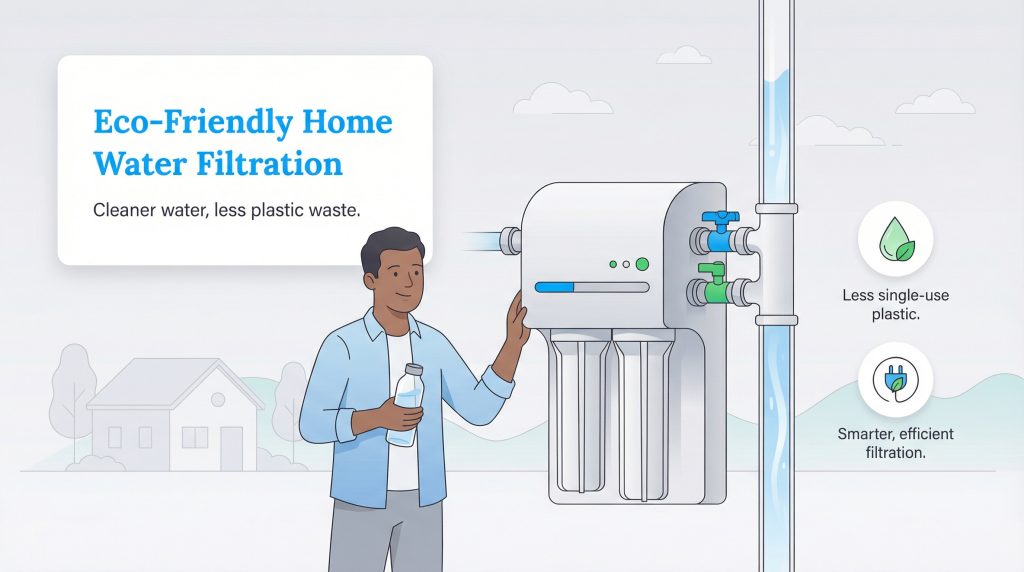 Man by home water filter system with bottle, showing eco-friendly benefits like less plastic.