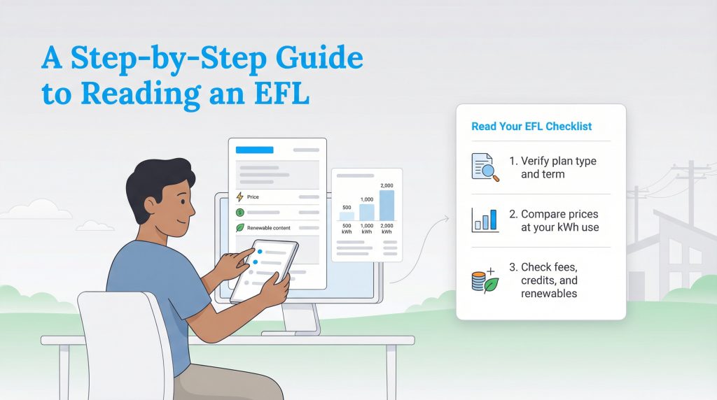 Illustration of a man at a computer with a checklist for reading an EFL on the side.