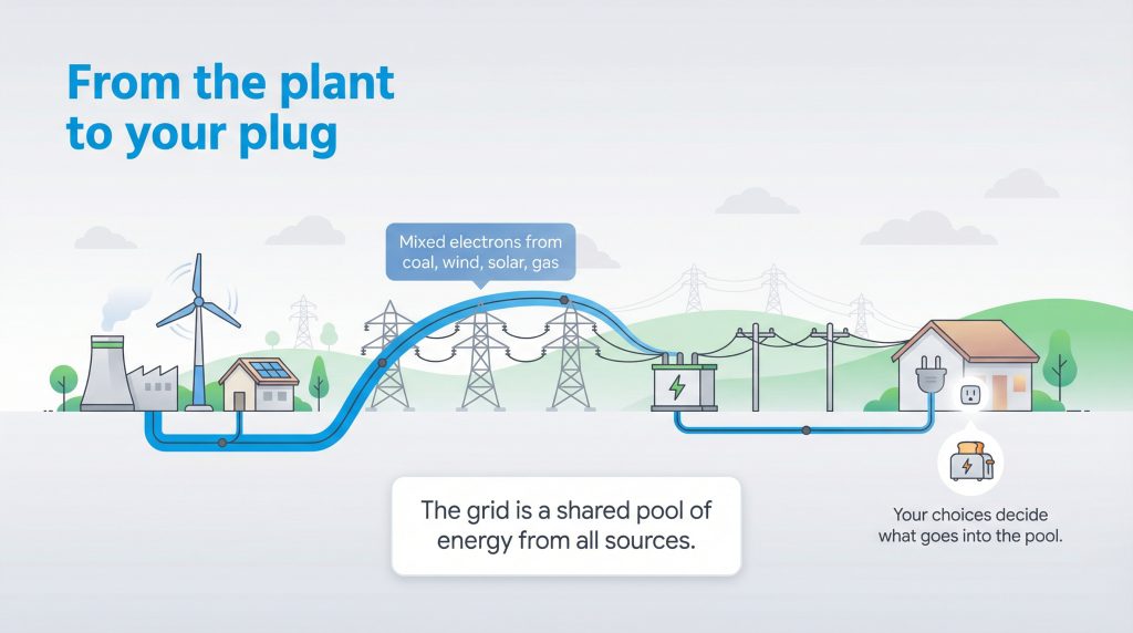 Diagram showing electricity from different sources like coal, wind, and solar combining into a shared grid before reaching a house.