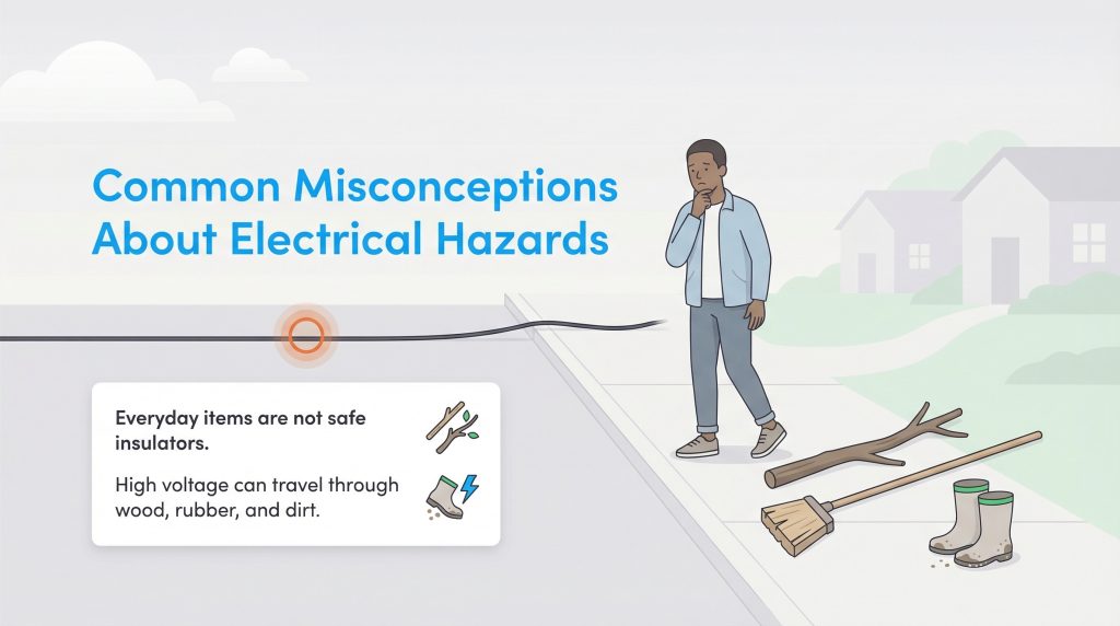 A person near a downed wire with a branch, broom, and boots. Text warns these are not safe insulators.