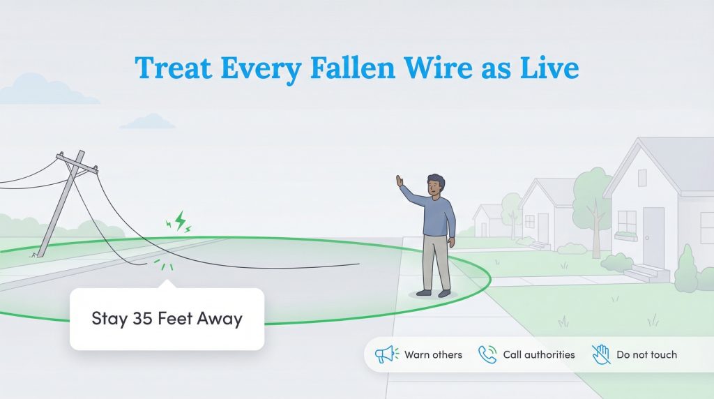 Infographic showing a person 35 feet from fallen wires, with instructions to warn others, call authorities, and not touch.