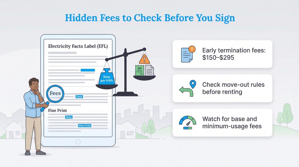 Infographic detailing hidden electricity fees like early termination, move-out rules, and usage fees.