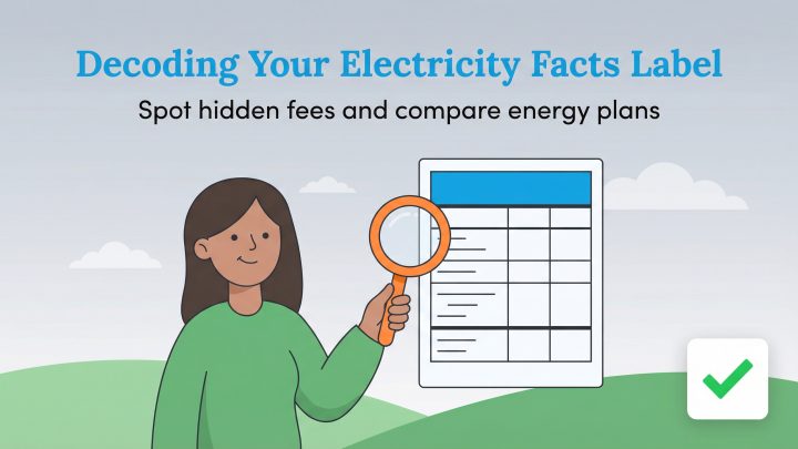 Woman with magnifying glass inspects an Electricity Facts Label to find fees and compare plans.