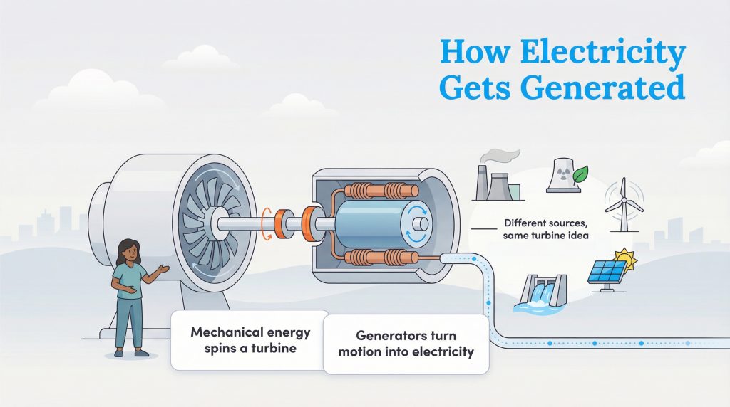 Infographic illustrates how mechanical energy spins a turbine, converting motion into electricity from various sources.