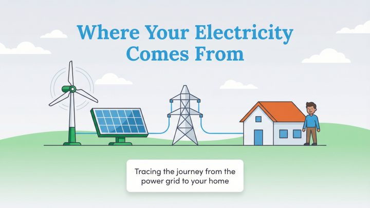 Infographic showing electricity flow from wind and solar sources to a home via transmission lines.