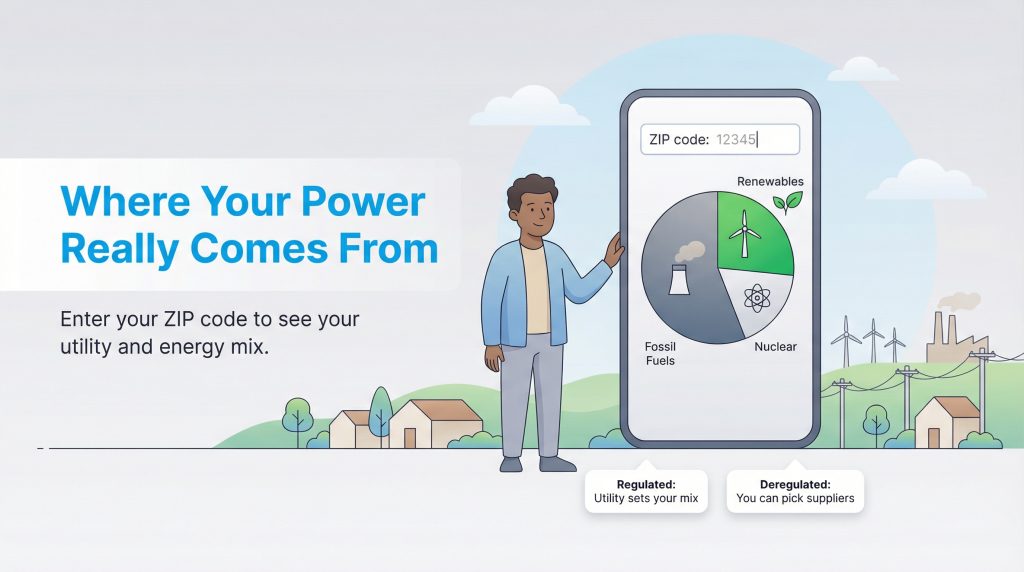 Illustration of a man using a phone app to view his energy mix pie chart based on ZIP code.
