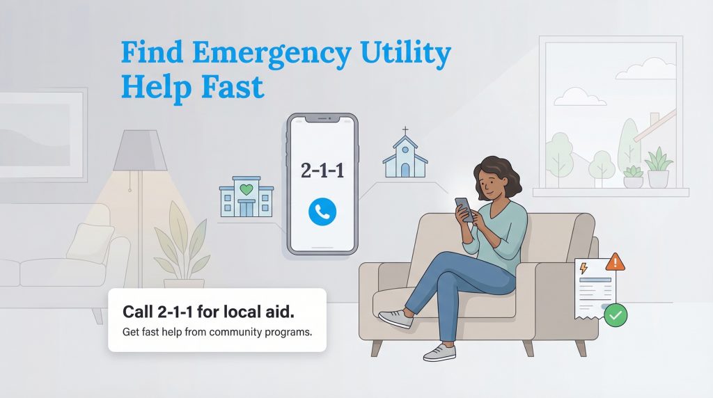 A woman calls 2-1-1 on her phone to find local community aid for utility bills, as shown by icons.