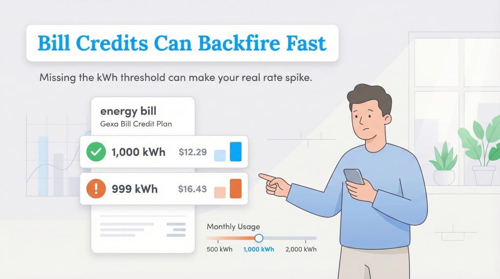 Illustration showing an energy bill cost spiking when usage misses the 1,000 kWh credit threshold.