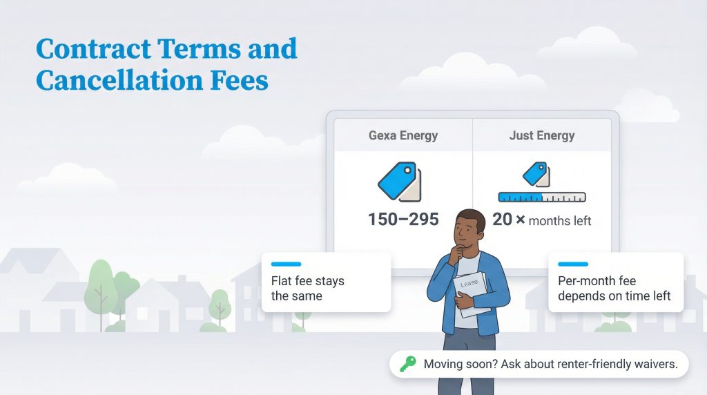 Comparison of Gexa Energy's fixed $150-295 fee and Just Energy's $20 per month remaining fee.
