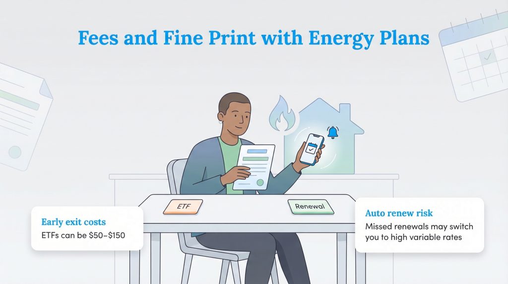 Illustration of a person reviewing energy plan fees, ETFs, and auto-renewal risks.
