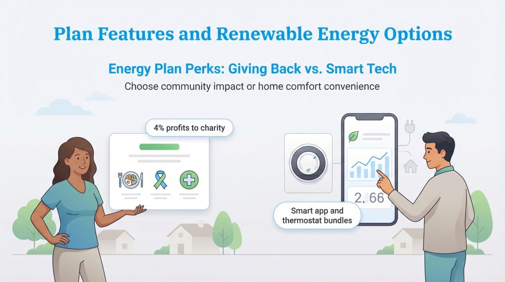 Illustration comparing energy plan perks: one side shows charity donations, the other shows smart tech.