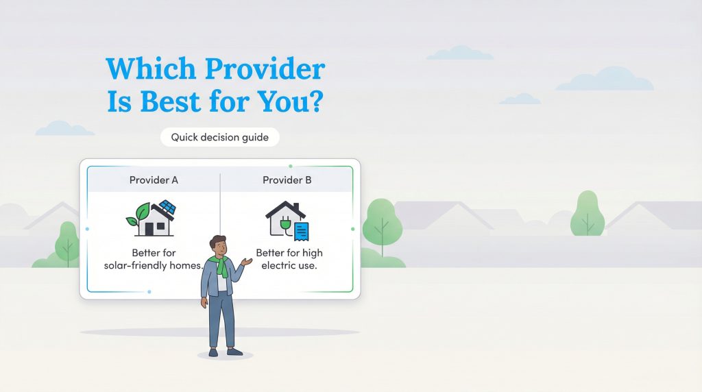 Quick decision guide comparison between Provider A for solar-friendly homes and Provider B for high electric use.