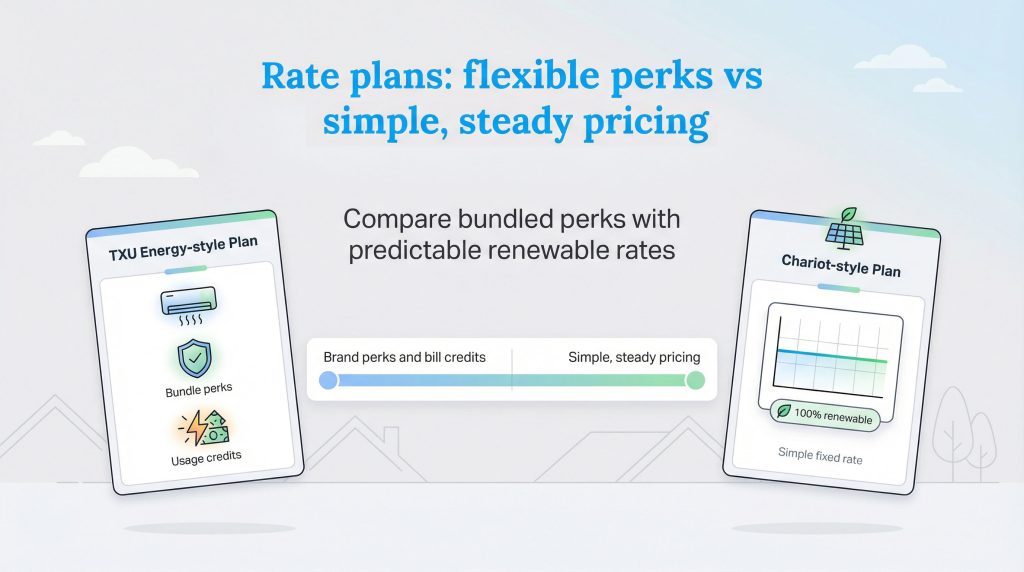 Graphic comparing flexible energy plans with perks against simple, steady, renewable fixed-rate plans.