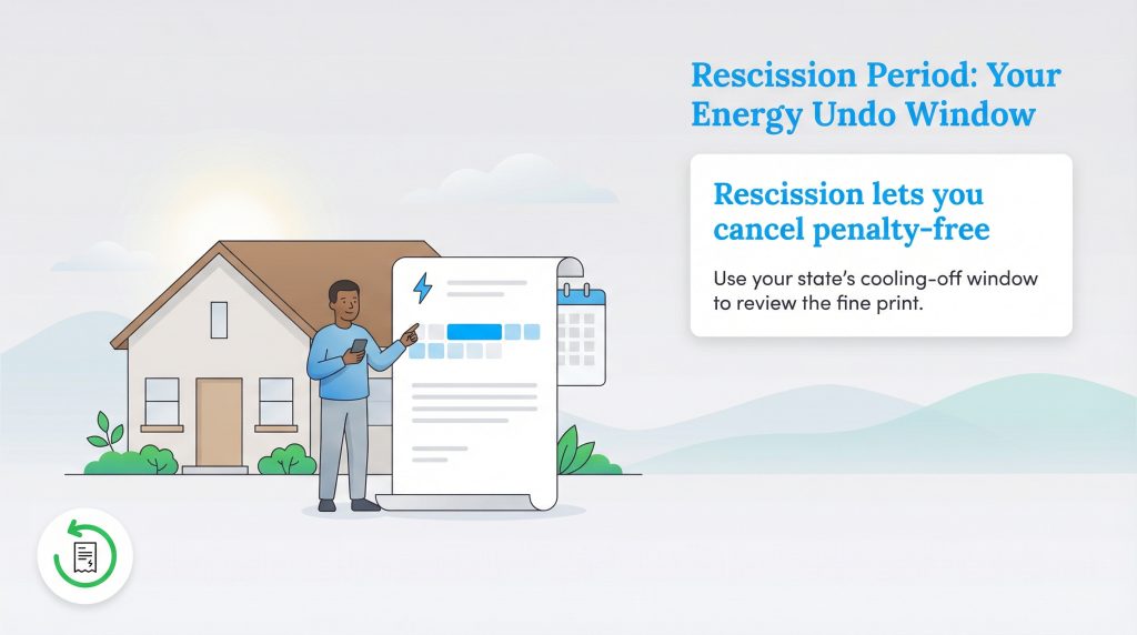 A man reviews a contract; text defines rescission as a cooling-off window to cancel penalty-free.