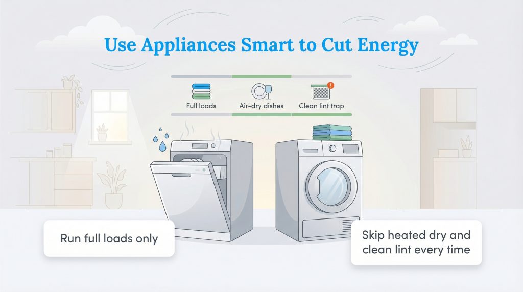 Infographic with tips to save energy when using a dishwasher and clothes dryer.