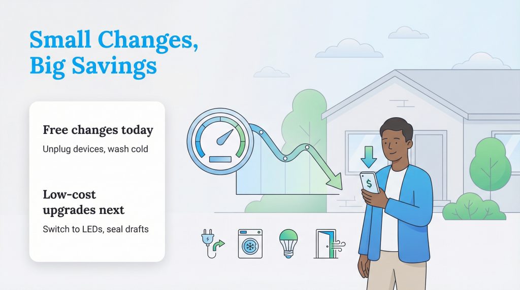 Infographic showing a man with a phone and a house, illustrating how small energy-saving changes lead to big savings.