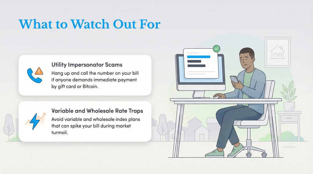 Infographic warning against utility impersonator scams and variable/wholesale energy rate traps.