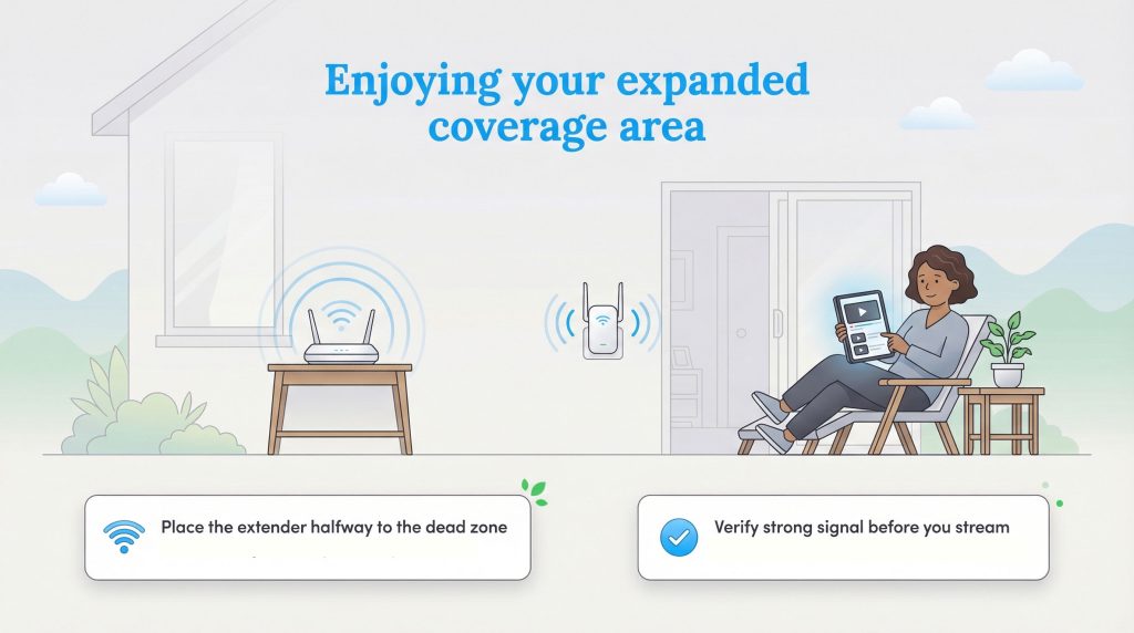 Illustration shows a woman streaming on a patio, connected via a Wi-Fi extender placed halfway from the router.