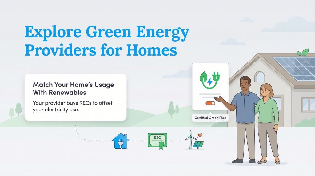 A couple stands before a home as a diagram illustrates how a green energy provider purchases Renewable Energy Certificates (RECs) to match their electricity usage with renewable sources.