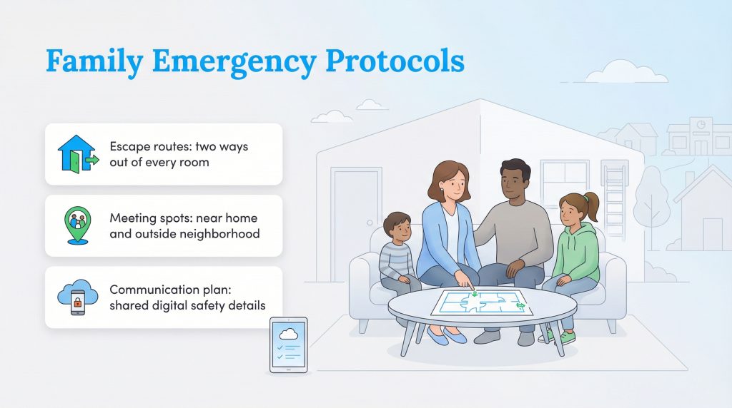 A family discusses an emergency plan map next to text boxes for escape routes, meeting spots, and communication.