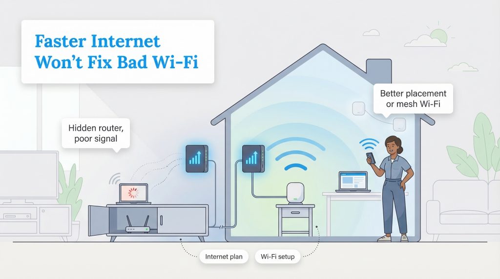 Diagram illustrating that a hidden router causes a poor signal, while better placement or a mesh system improves Wi-Fi connectivity.