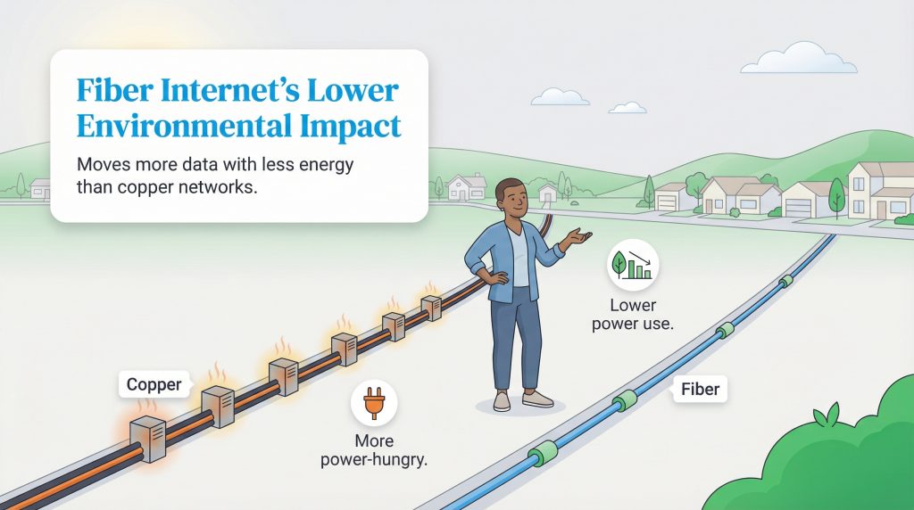Illustration comparing a power-hungry copper cable with amplifiers to an efficient fiber cable.