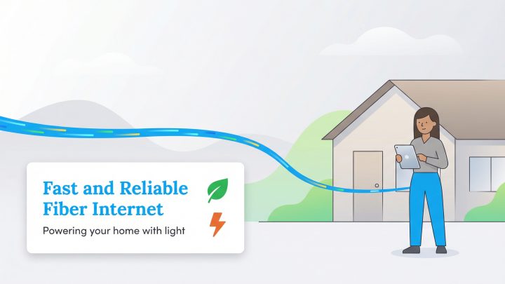An illustration shows a woman at her home using a tablet, connected by a fiber optic internet cable.