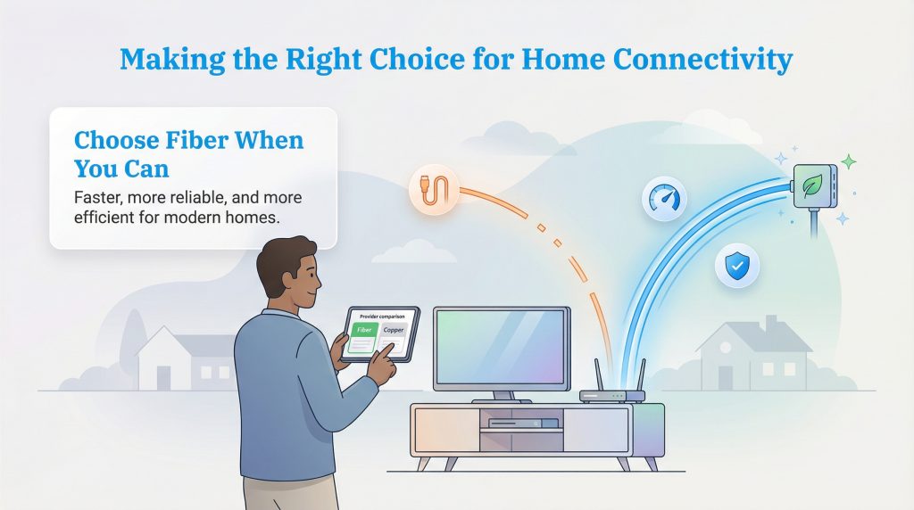 Infographic showing a man choosing fiber internet over copper for its speed and reliability.